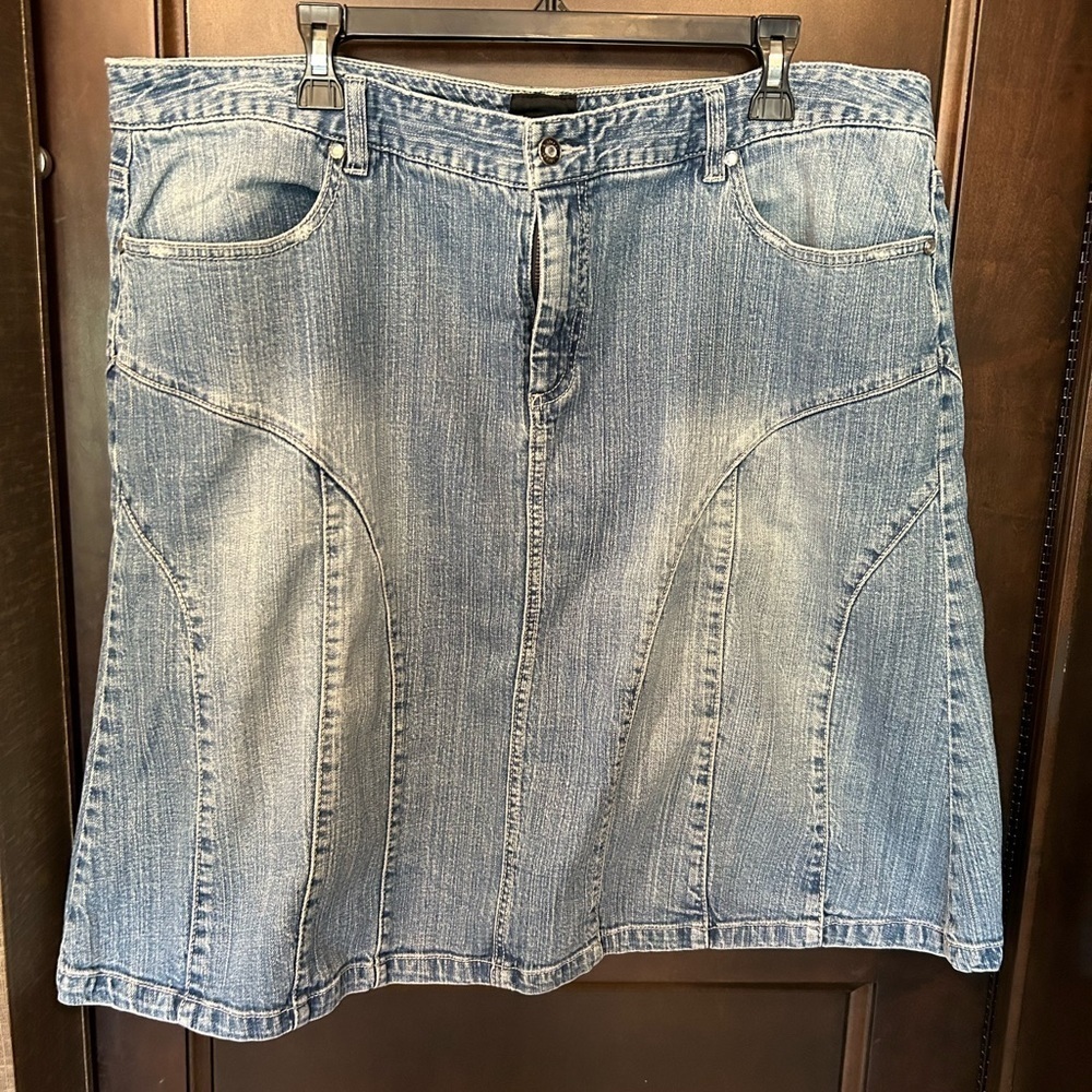 B Street. Denim skirt size 20w. Faded. Distressed and jeweled pockets